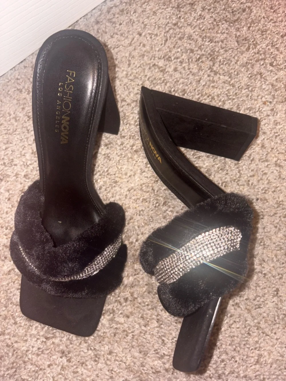 Fashion Nova Black Fur Slide Heels with Crystal Accent - Picture 3 of 3